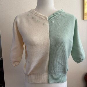 Vintage Hand Knit Color Block Floral Short Sleeve Sweater-Perfect for Spring!
